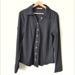 7Diamonds Luxe Blouse Womens Black Long Sleeve Button Down Stretch Shirt XL Chic